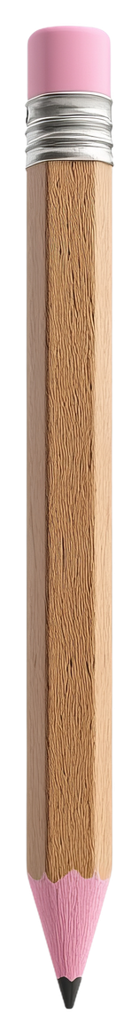 A plain wooden pencil, sharpened, with a metal ferrule and a pink eraser, standing upright.